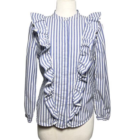 MADEWELL Women’s Classic Preppy Ruffle Blue Striped Long Sleeve Top - Picture 2 of 4